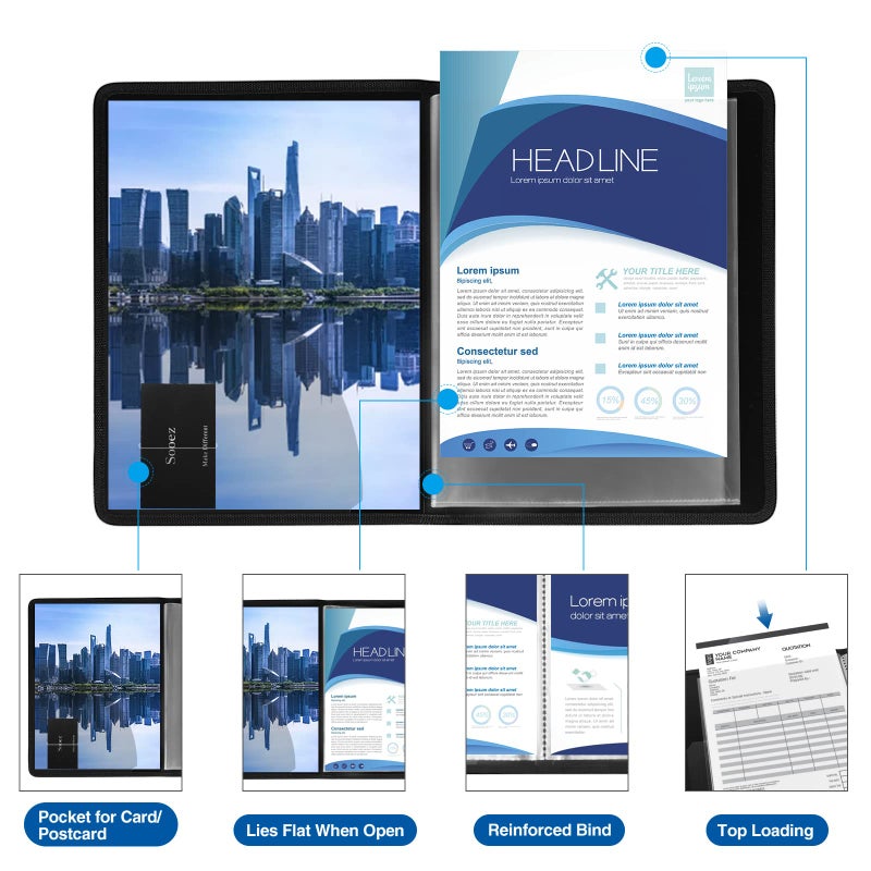 سويز مجلد Sooez ذو 30 جيبًا مع أكمام بلاستيكية 8.5 × 11 بوصة، حافظة أعمال فنية متينة مع واقيات شفافة للأوراق، عرض 60 صفحة، كتاب عرض للأعمال الفنية، مجلد منظم للمستندات - عبوة من 4 قطع - Image 5